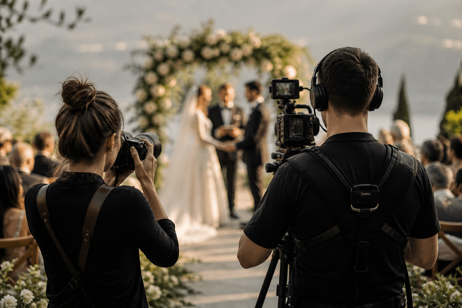 Boda con foto y video trabajando juntos — un mismo equipo, una misma historia.